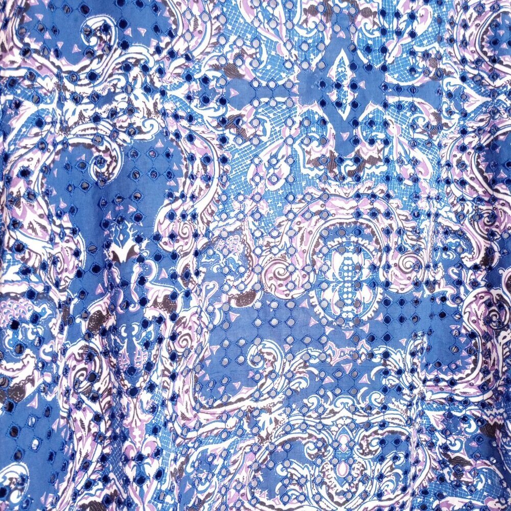 Chico's Blue & White Baroque Print Eyelet Lace Open Front Jacket - Picture 8 of 10